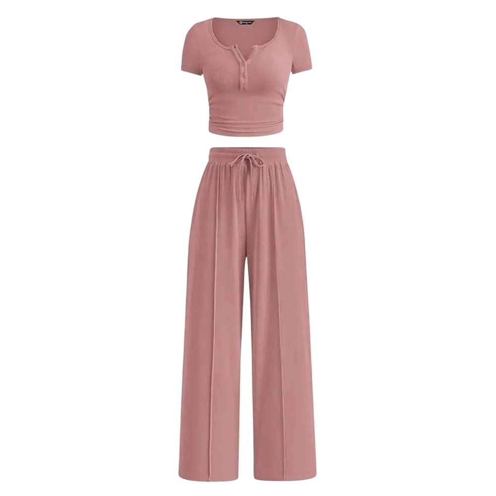 Women's 2-Piece Outfits Summer Ribbed Knit Button Short Sleeve Crop Slim Fit Tops & Wide Leg Pants Lounge Sets