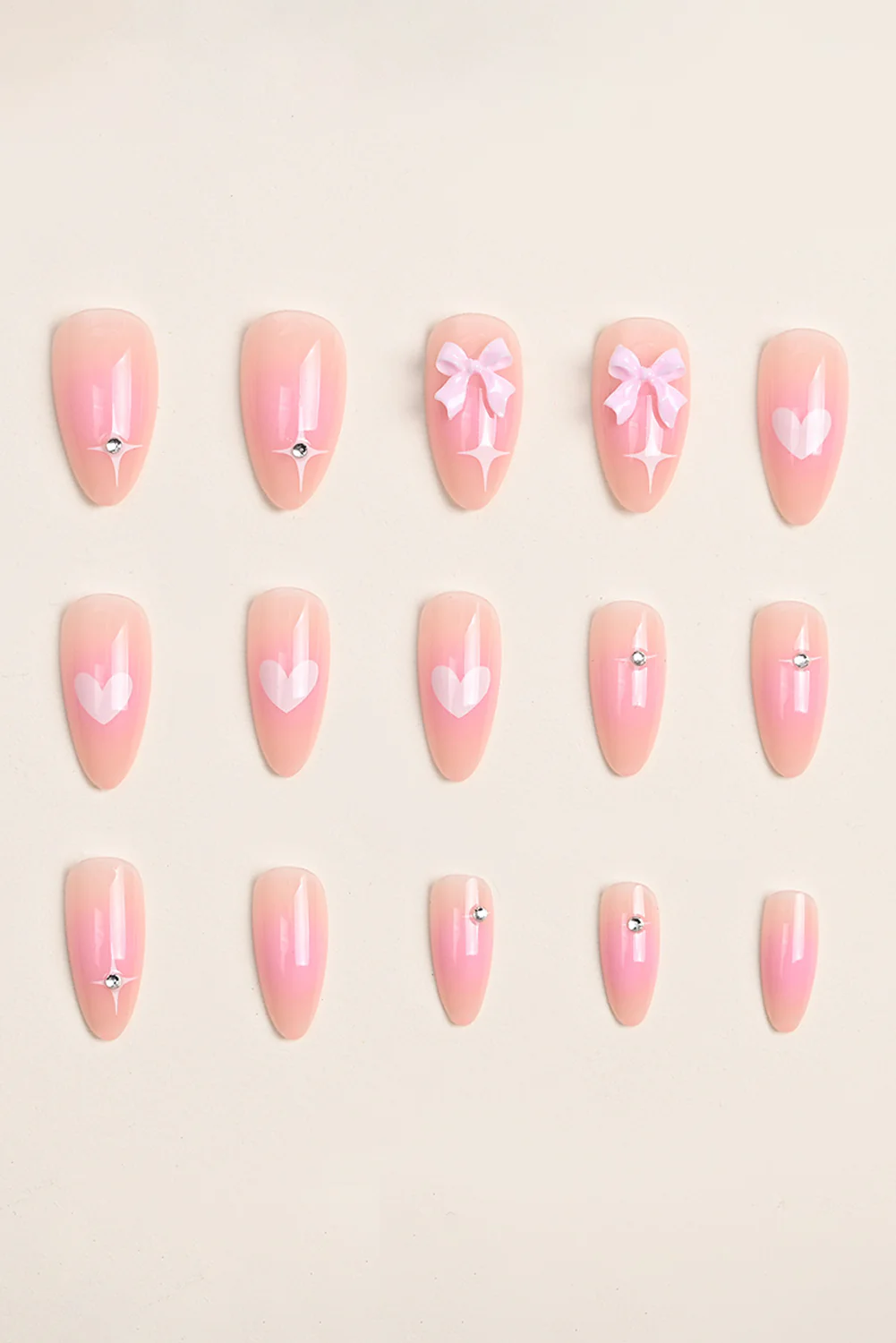 Pink Heart Print Bow Rhinestone Decor Almond Shape False Nail