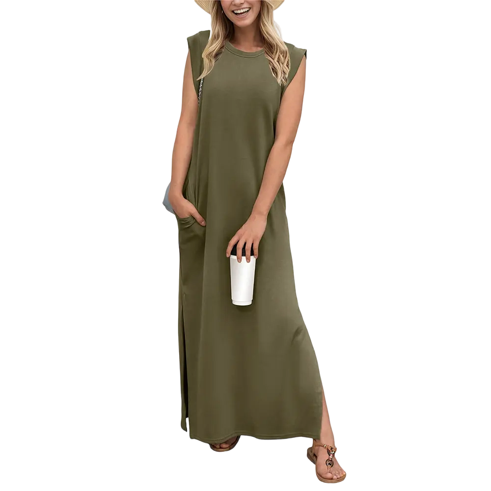 2026 Women Summer Round Neck Casual Loose Split Wrinkle-Free Long Maxi Vacation Dress with Pockets
