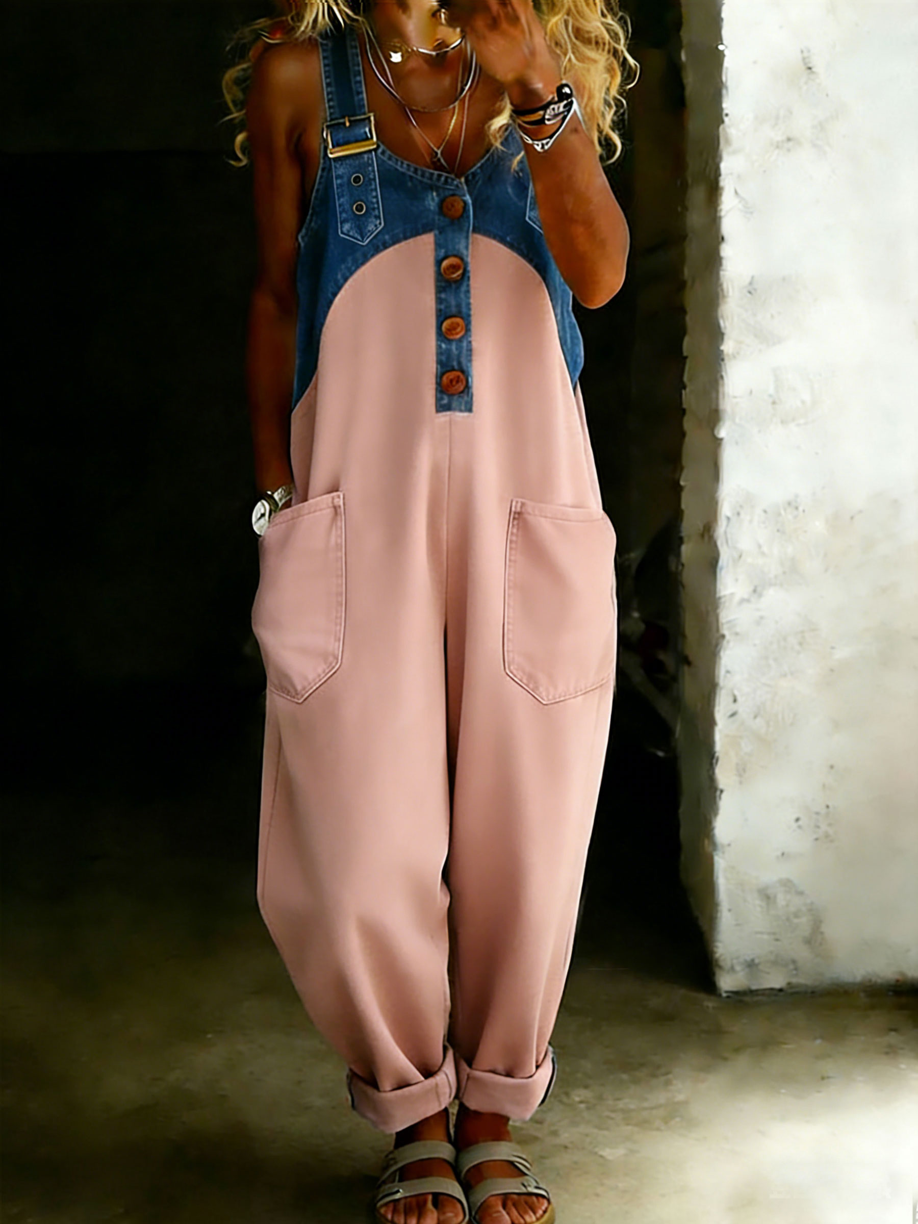 Women’s Casual One Piece Denim Denim Patchwork Jumpsuit