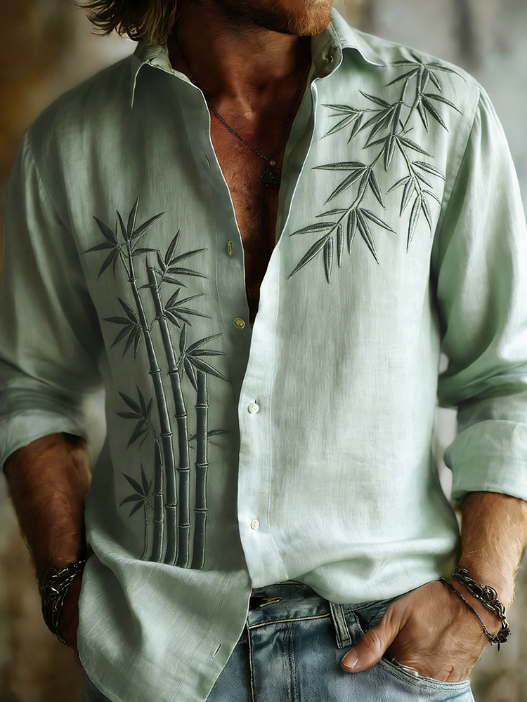 Men's Retro Bamboo Art Linen Long Sleeves Shirt
