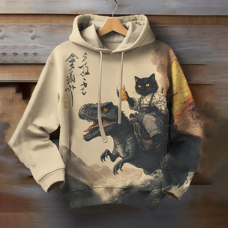 Men's Black Cat Samurai Dinosaur Sea Wave Art Print Casual Hoodie