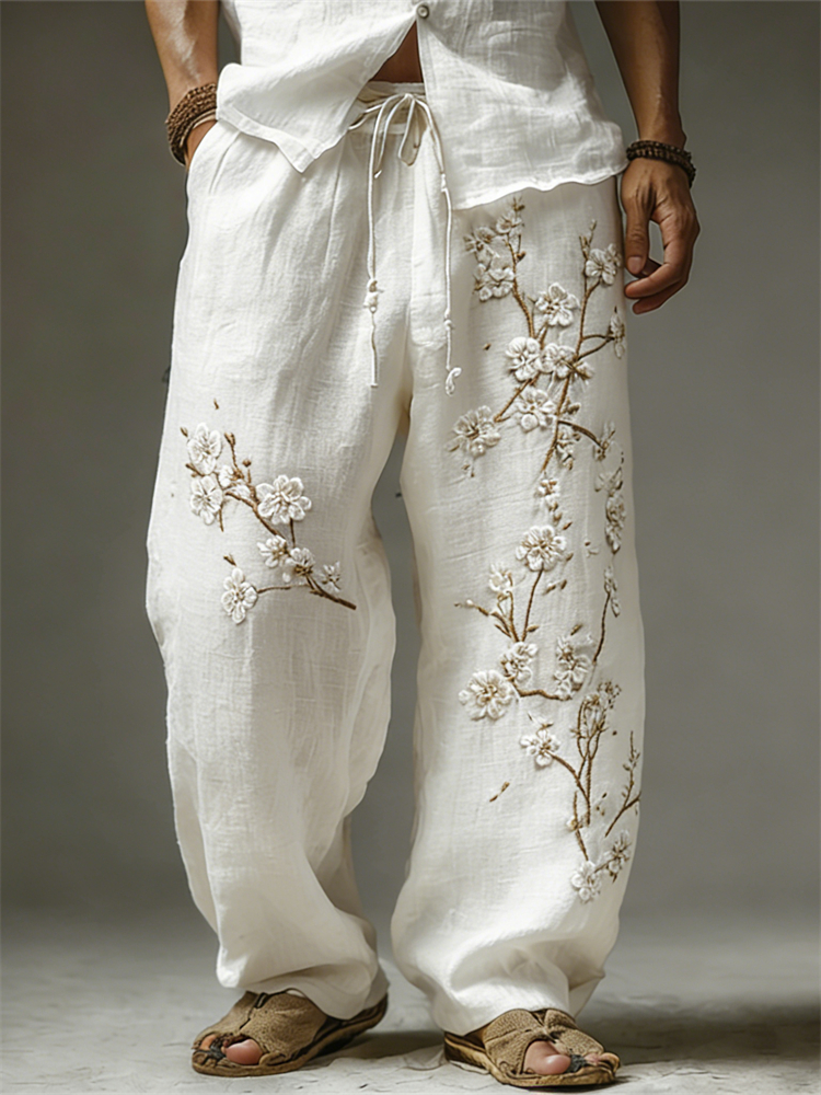 Men's Classy White Almond Blossom Embroidered Linen Pants
