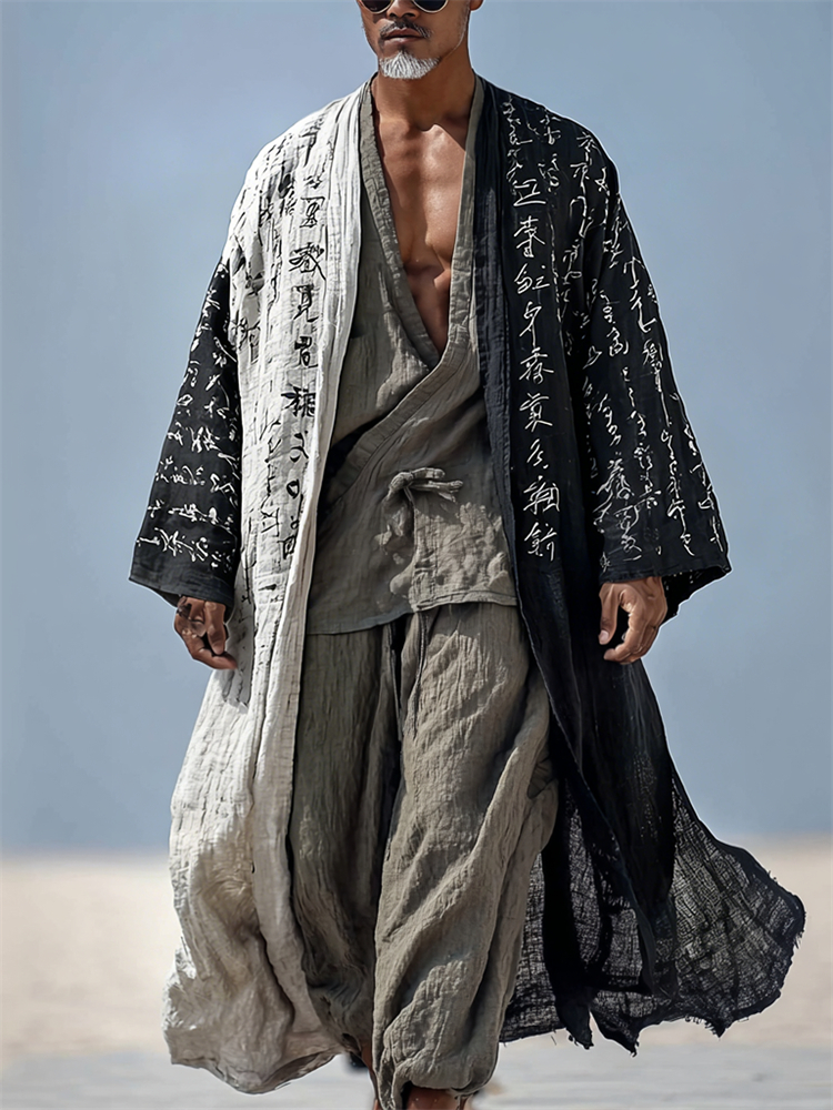 Men's Japanese Calligraphy Contrast Art Flowy Linen Long Kimono