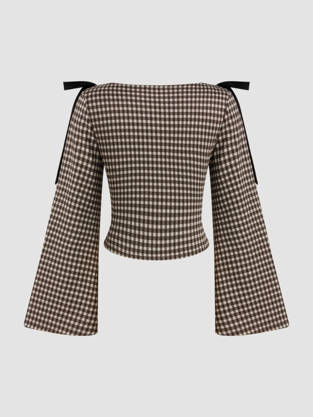 Boat Neck Gingham Bowknot Ruched Long Sleeve Top