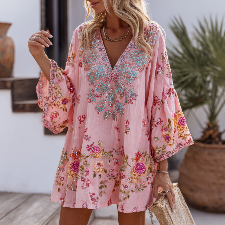 Bohemian Style Rose Pattern Design With Sparkles V-neck Woman's Dress