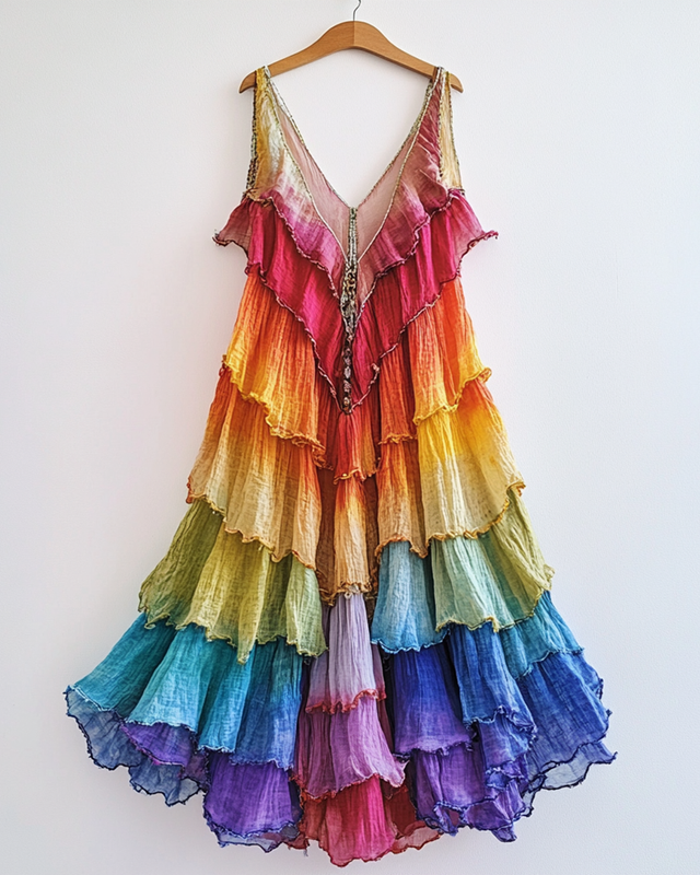 Summer Rainbow Gradient Linen Ruffle Dress  f036
