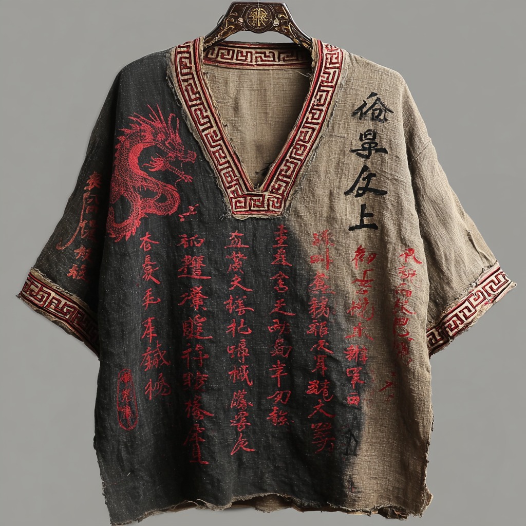 Men's Retro Japanese Calligraphy And Dragon Art Pattern Linen Blend Shirt