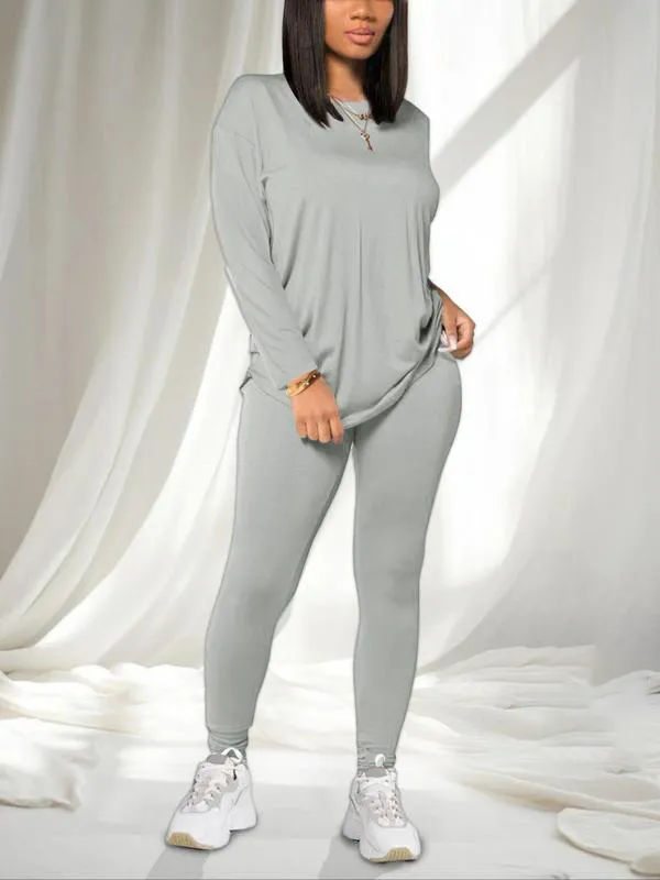 Women’s Two-Piece Set – Long Sleeve Tee & Elastic Waist Pants, Casual Outfit for Daily Wear