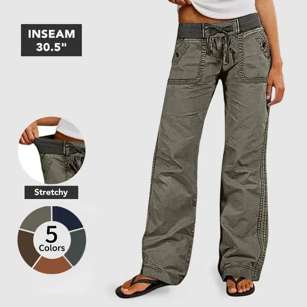 Women's Solid Seam Detail Drawstring Mid Rise Straight Leg Pants High Stretch Fabric