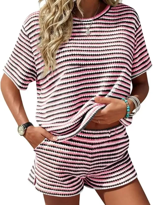 Women's Striped 2-Piece Lounge Set – Short Sleeve Top & Knit Shorts Casual Summer Outfit