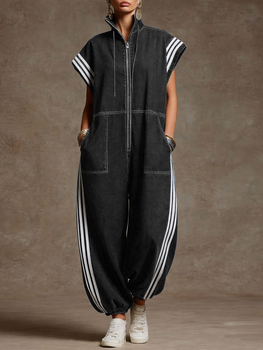 Women's Stand-collar Short-sleeved Casual Loose Denim Wide-leg Jumpsuit