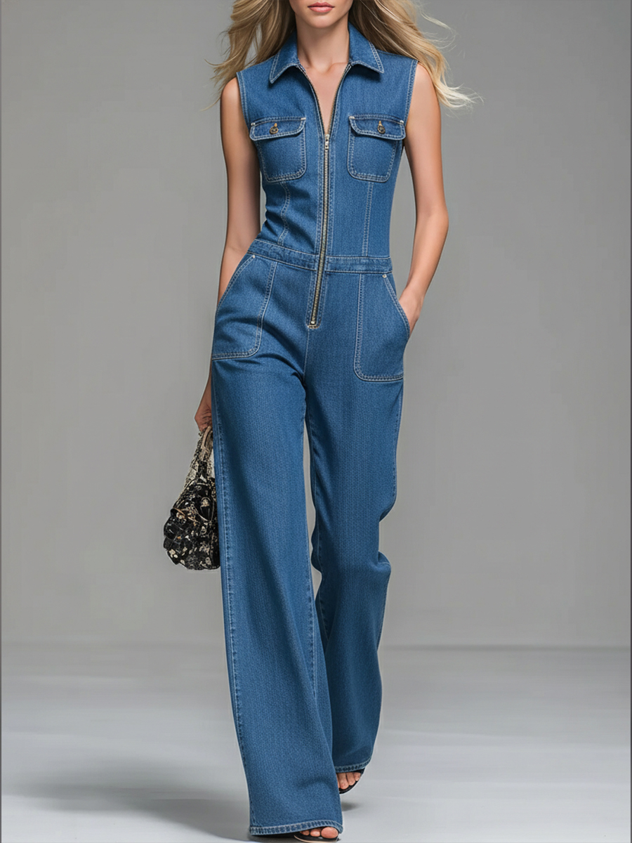 Women's Casual 100% Cotton Zip-up Denim Jumpsuit