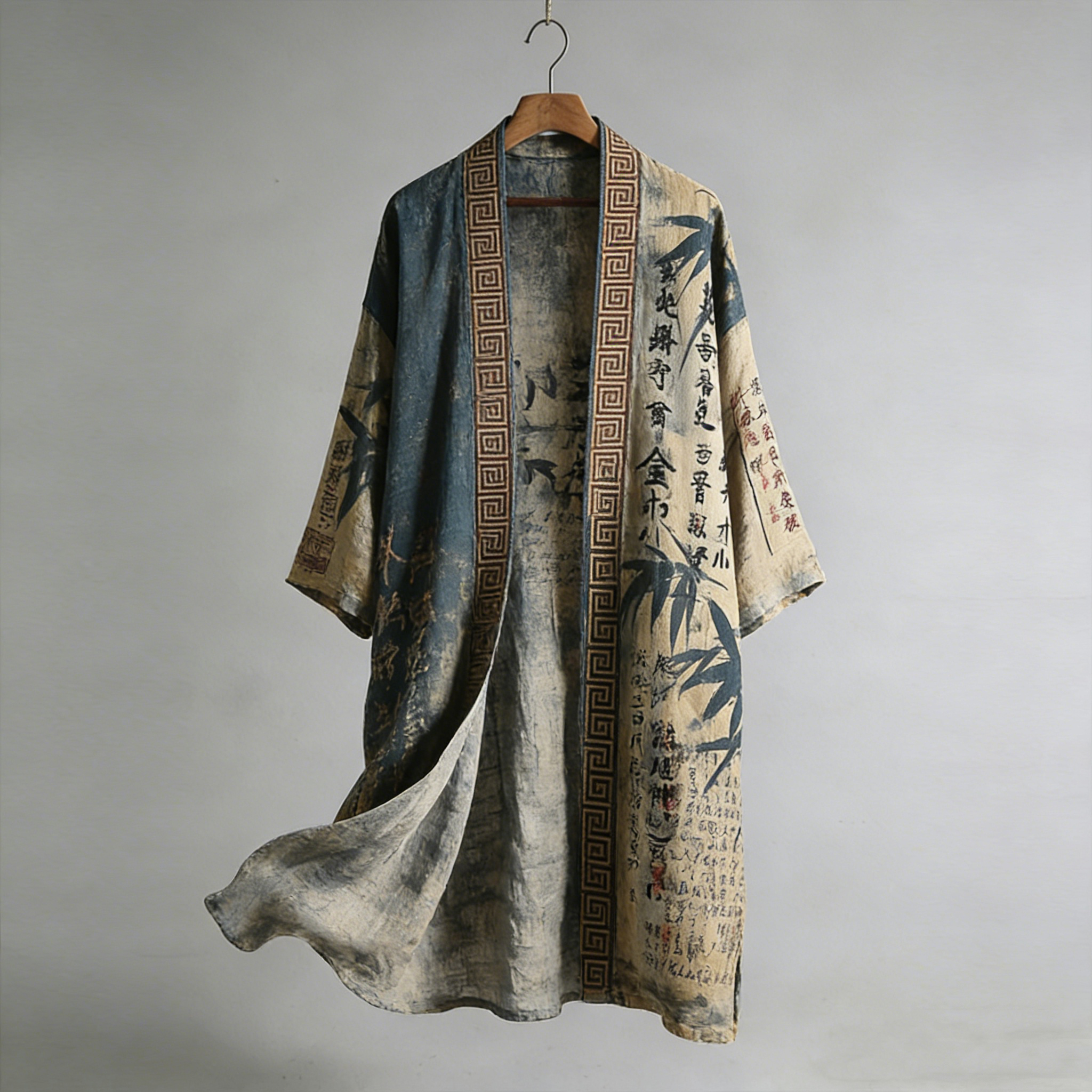 Retro Japanese Bamboo Leaf And Calligraphy Pattern Casual Kimono