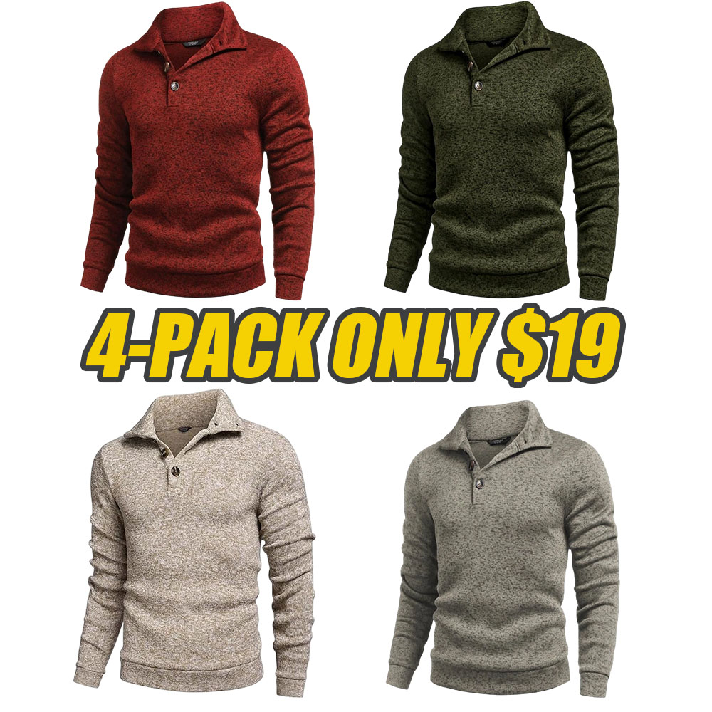 Men's Quarter Button Henley Sweater Casual Knitted Sweatshirt Mock Neck Thermal Fleece Pullover Sweater with Pocket