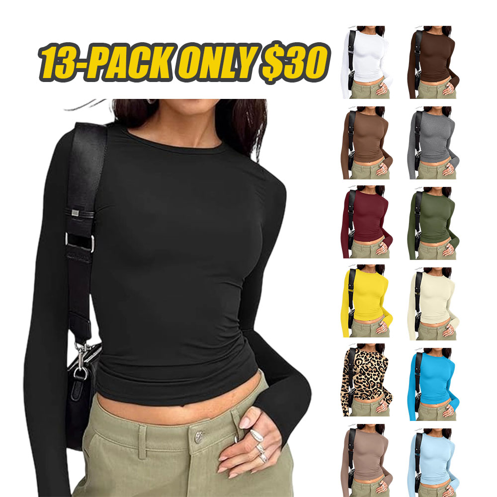 【Limited time deal】Women's Undershirt Long Sleeve SlimRound Neck Slim Fit Streetwear Basic Minimalist Womenswear Top