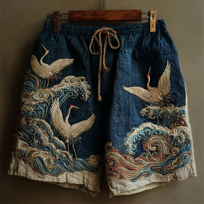 Japanese Cranes & Sea Waves Embroidered Linen Shorts
