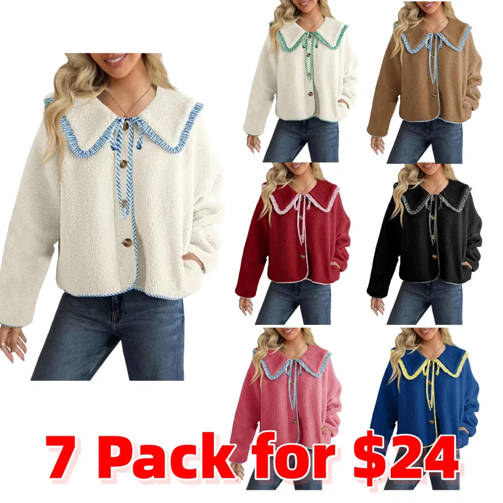 Womens Fuzzy Fleece Jacket Peter Pan Collar Button Down Fall Winter Sherpa Coats