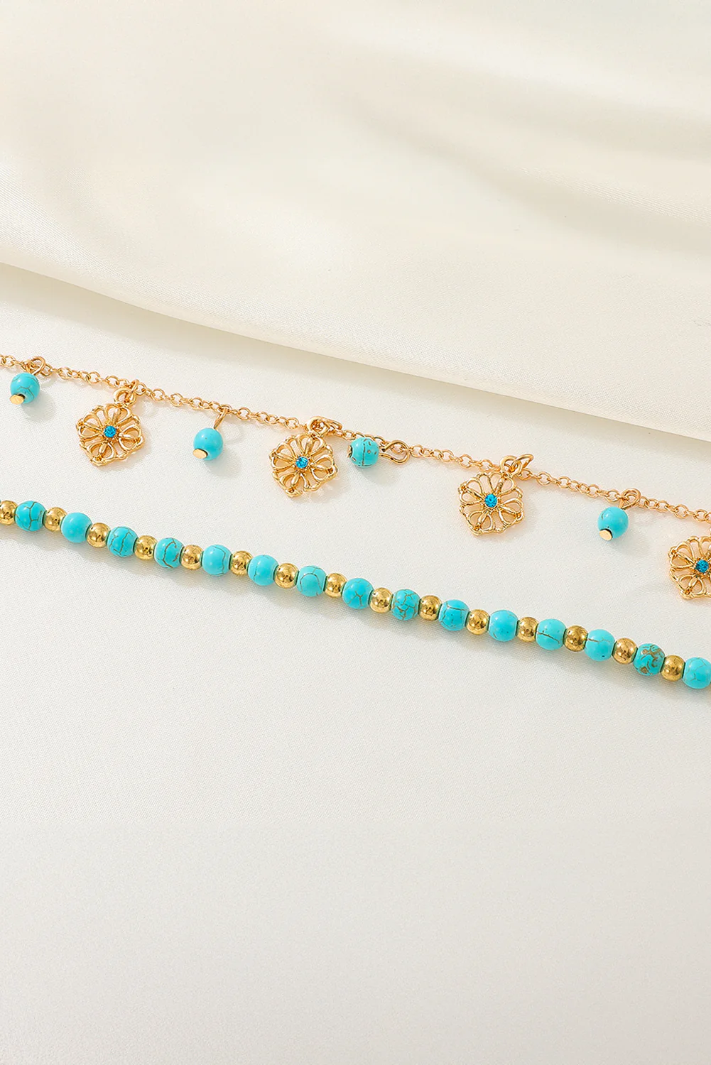 Gold Turquoise Beaded Flower Charm Layered Adjustable Anklet