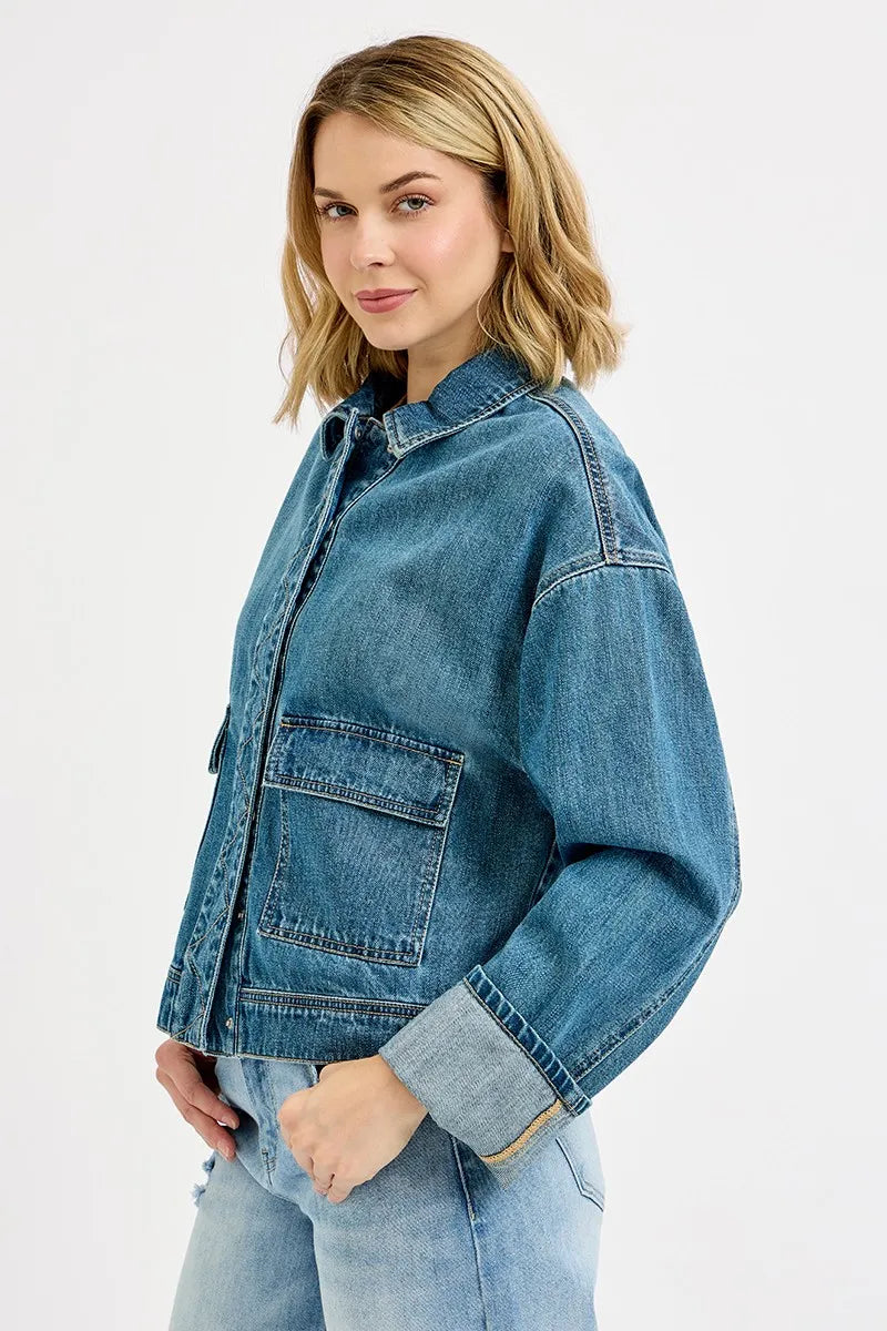Oversized Cargo Pocket Denim Jacket with Cuffed Sleeves