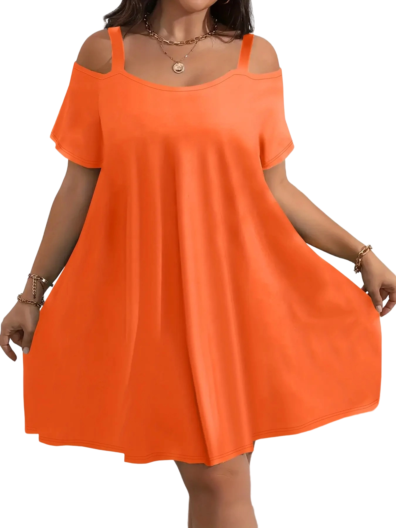 Plus Size Women's Round Neck Short Sleeve Shoulder Cut Out Fitted Casual Midi Dress