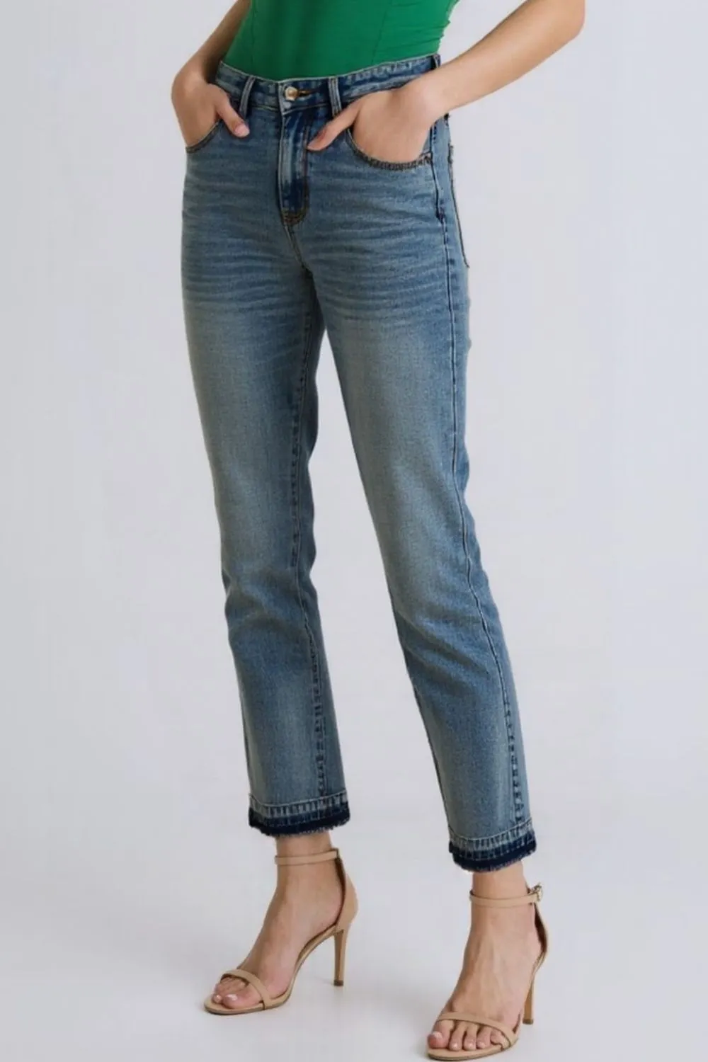 Blue Full Size Mid Rise Rigid Magic Release Hem Jeans