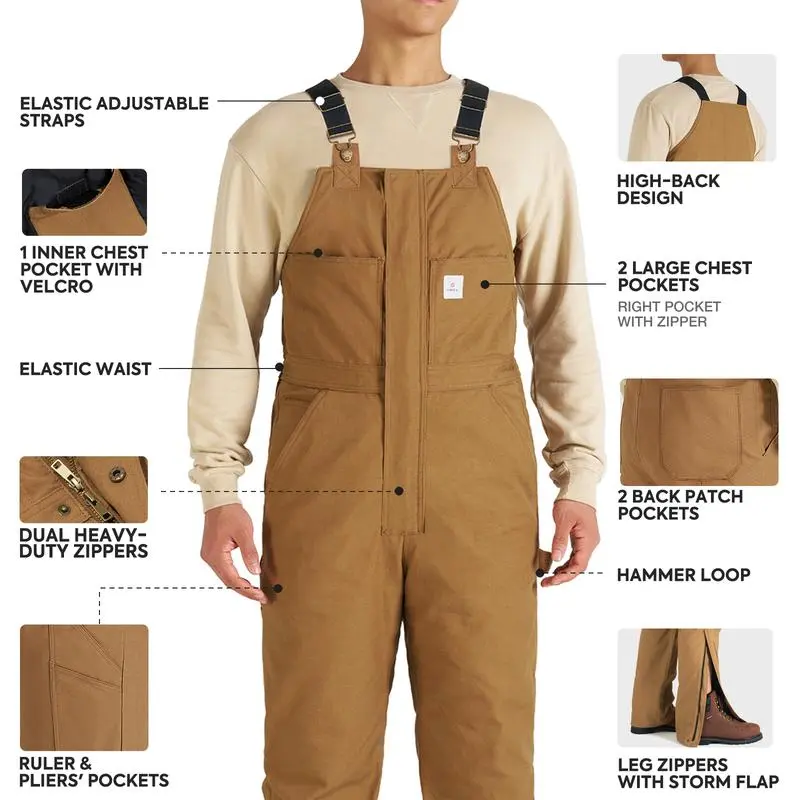 Men's Cold-Weather Insulated Bib Overalls - Loose-Fit Canvas + Tool Pockets