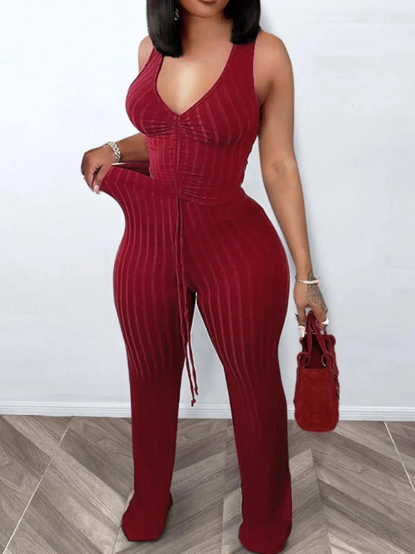 Women's Solid Ribbed Ruched Drawstring Crop Tank Top & High-Waisted Pants Set