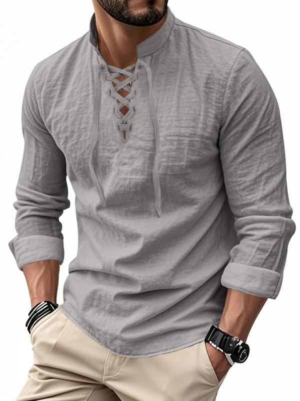 Men’s Lightweight Linen Long Sleeve Shirt with Drawstring Stand Collar