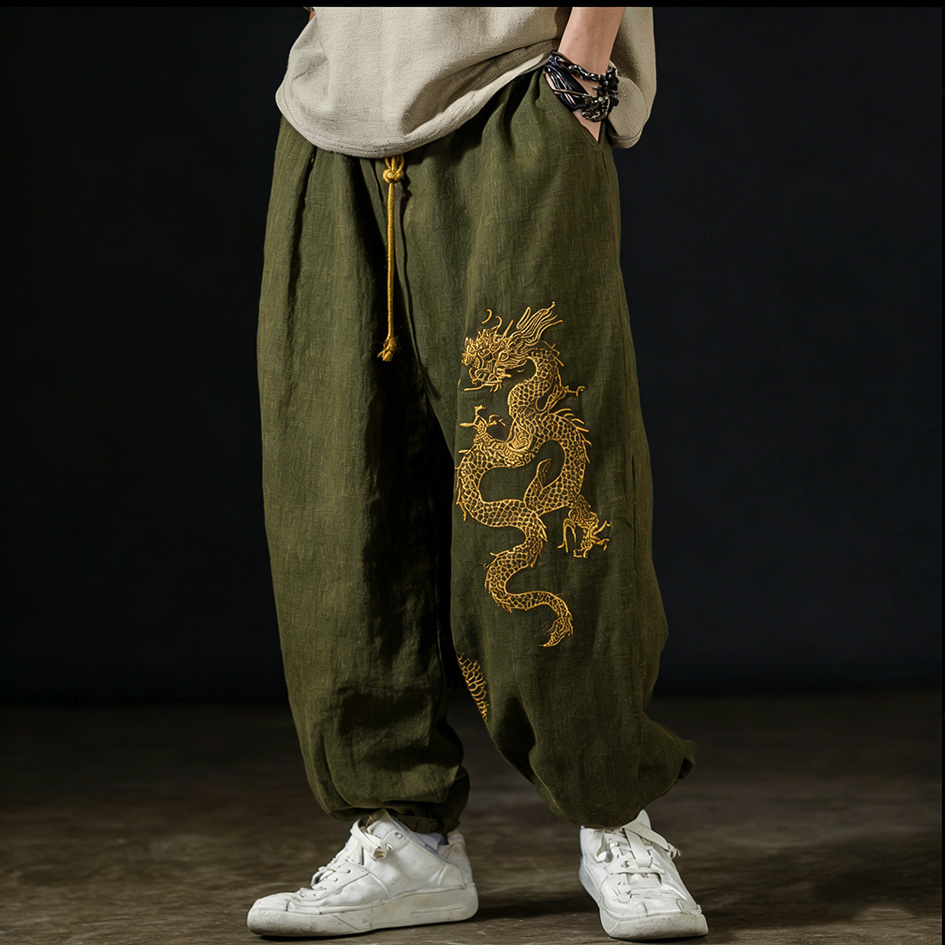 Men's Casual Cotton And Linen Wide-leg Pants With Dragon Patterns And Embroidered Floral Patterns