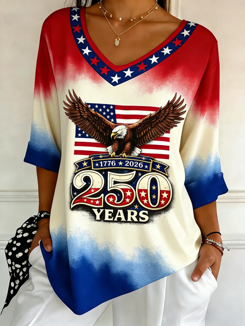 250 Years 1776-2026 Eagle Ombre V-Neck Top