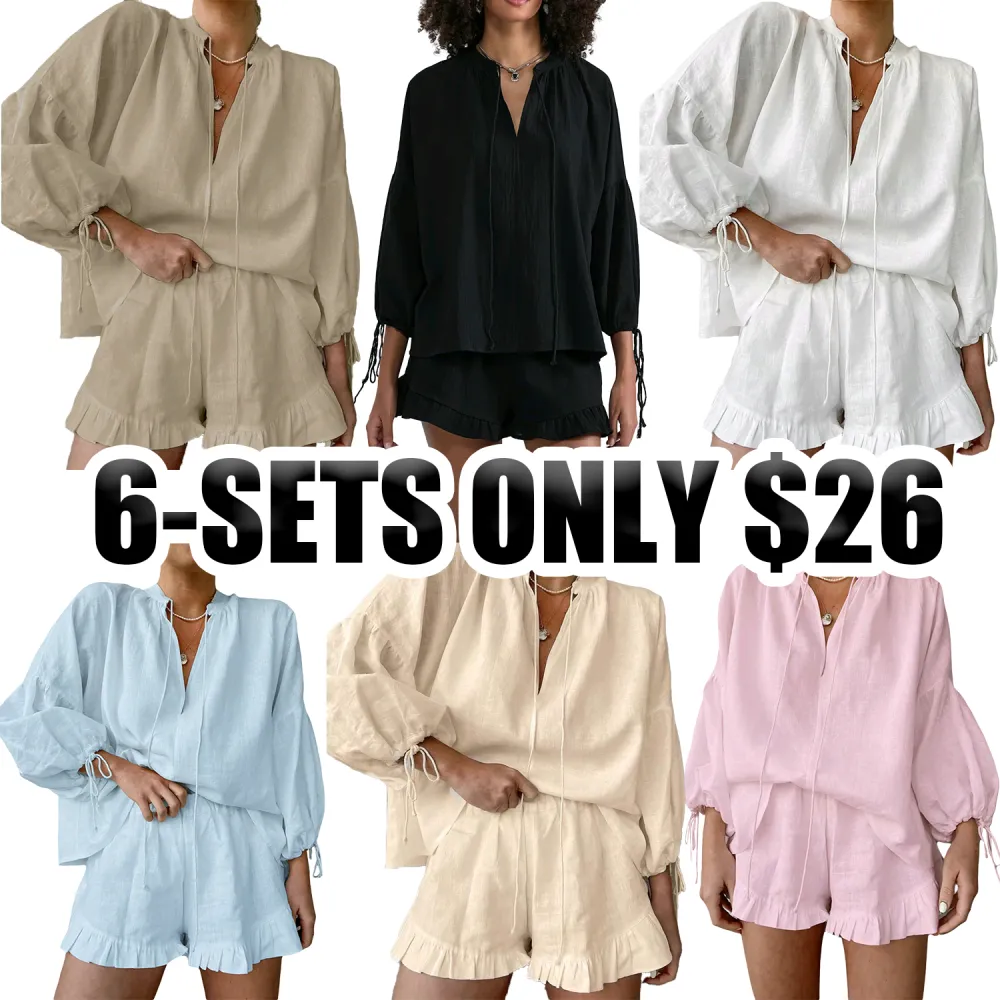 Women's 2-Piece Summer Shorts Set – Long Sleeve Tie-Up V-Neck Top & Elastic Waist Shorts, Casual Solid Color Outfit