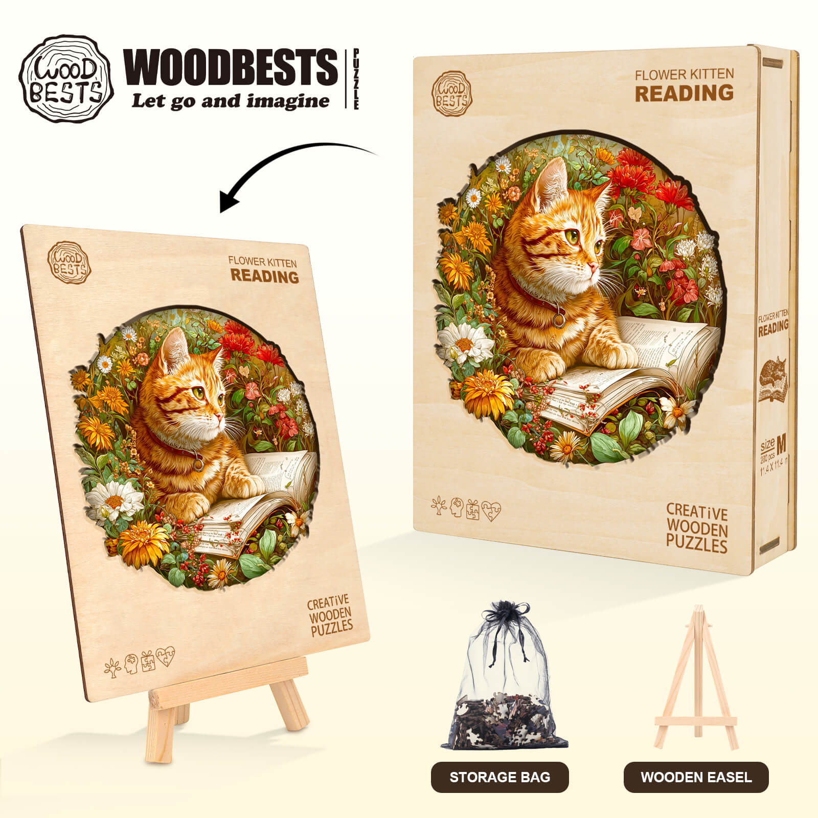 Flower Kitten Reading Wooden Jigsaw Puzzle