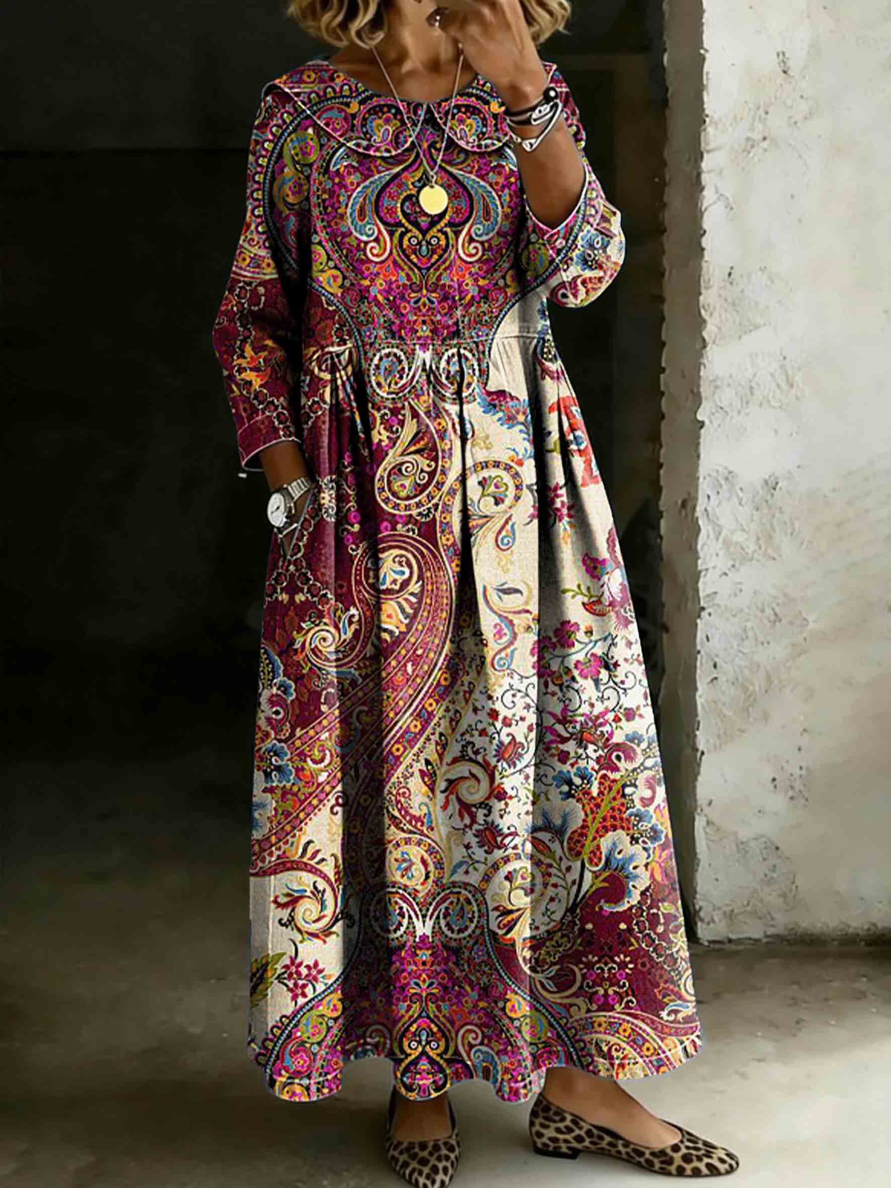 Women's Vintage Paisley Art Print Lapel Collar Pleated Long Sleeve Casual Loose Denim Dress