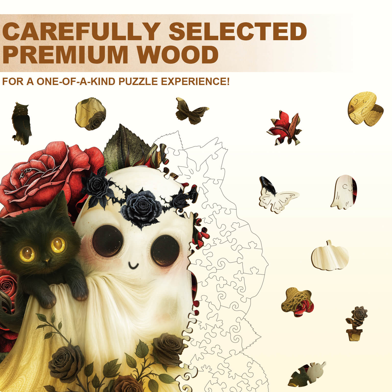 Ghost Loves Cat Wooden Jigsaw Puzzle