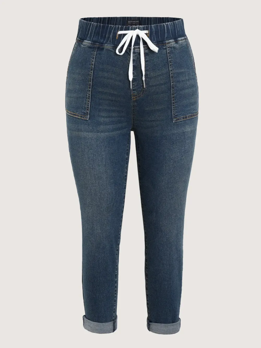 2026 Drawstring Elastic Waist Roll Hem Jeans