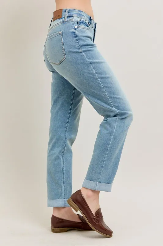 Blue Full Size V-Front Cuff Boyfriend Jeans Plus Size
