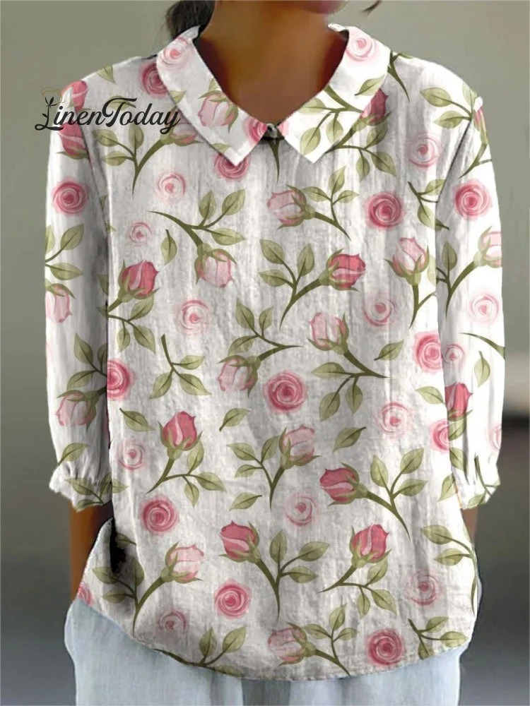 Women's Rose Flower Print Casual Cotton And Linen Shirt