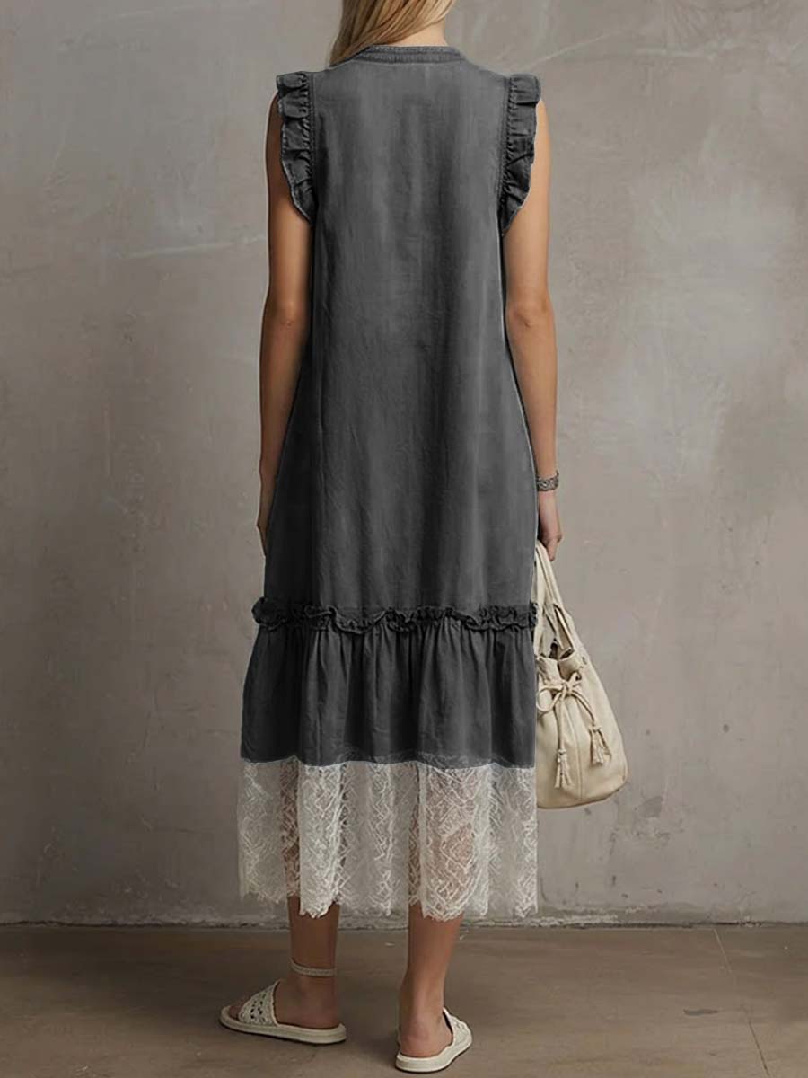 Women's V-neck Sleeveless Casual Loose Denim Patchwork Dress