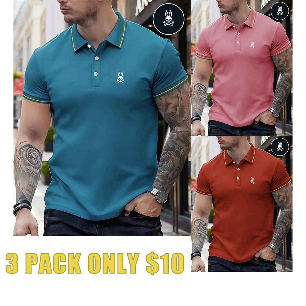 Men's Regular Fit Letter Print Skull Rabbit Contrast Trim Polo Shirt, Casual Short Sleeve Half Zip Top for Summer