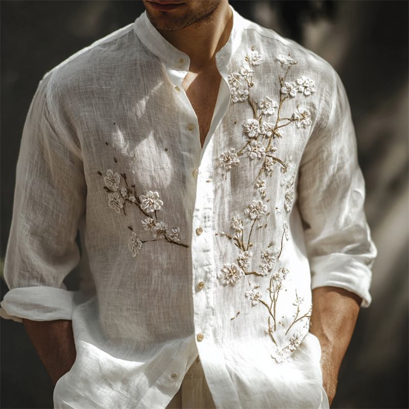 Men's Classy White Almond Blossom Embroidered Linen Shirt