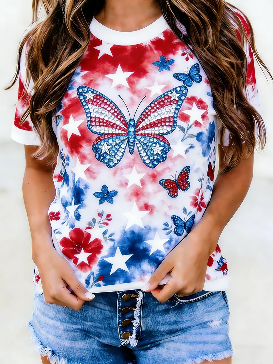 Women's 250th Anniversary American Butterfly Star Printed Casual T-shirt