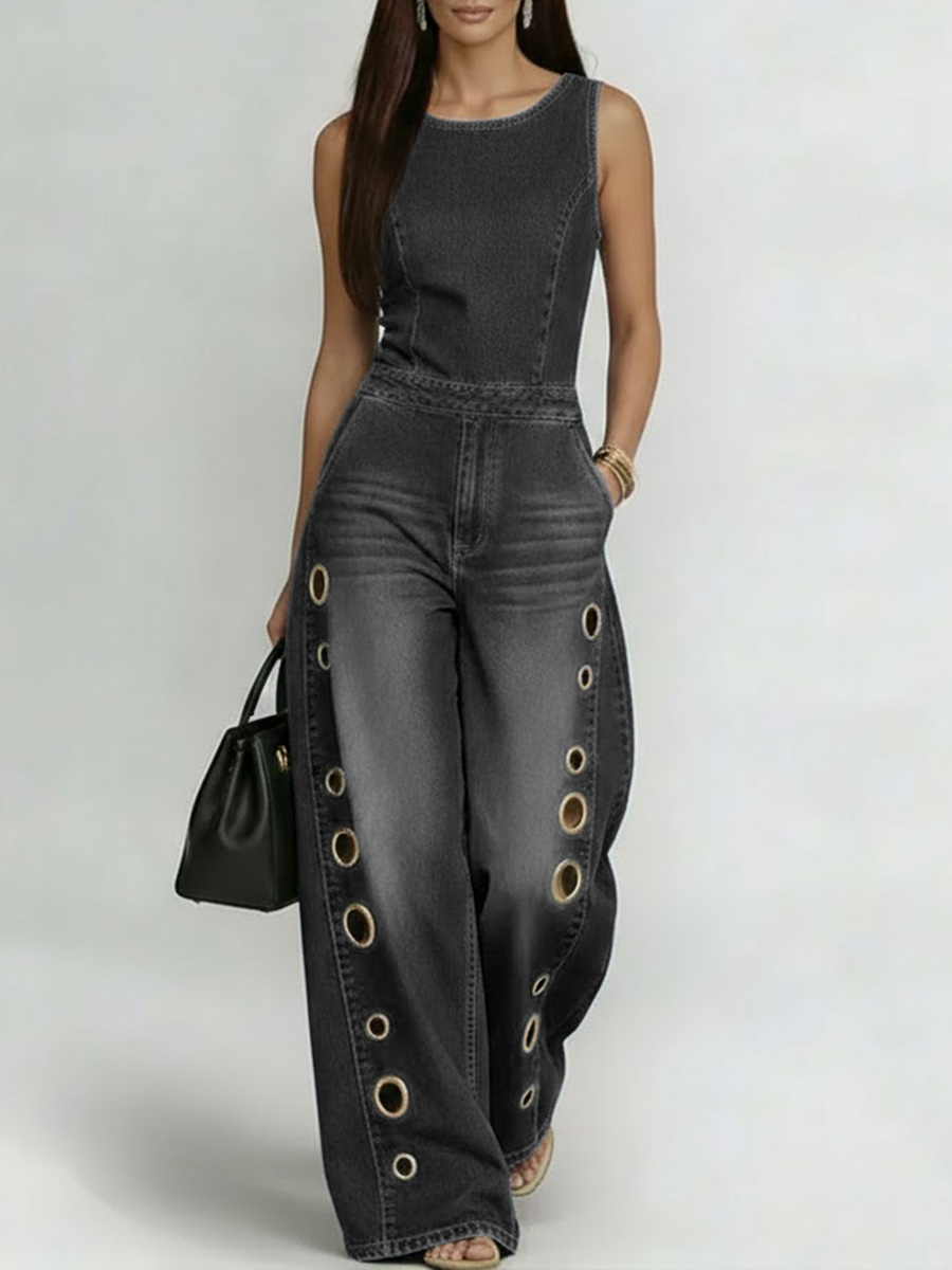 Women's Round Neck Sleeveless Casual Loose Denim Wide-leg Jumpsuit