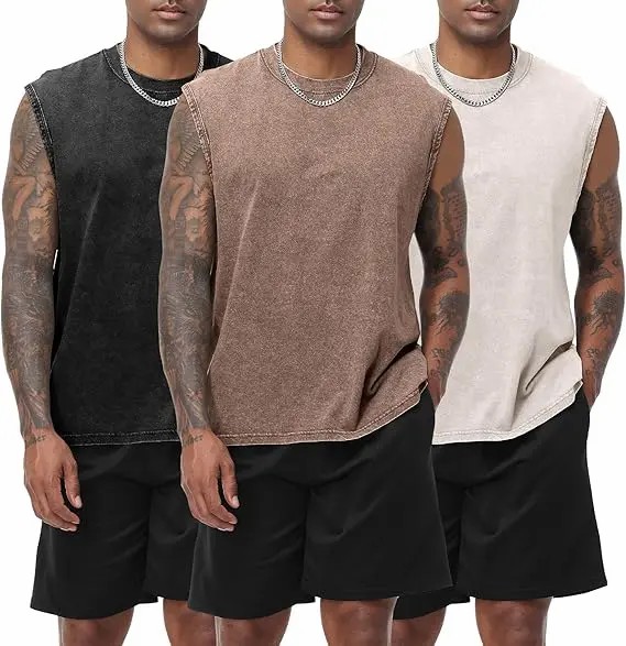Men's Cotton Sleeveless Muscle Tank Tops Vintage Acid Wash Cutoff Loose Workout Tee Shirts