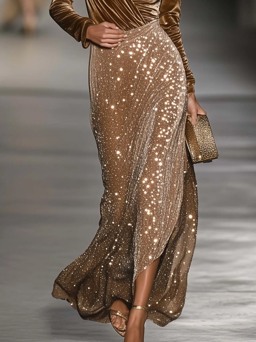 Brown Velvet Sequined V-neck Maxi Dress