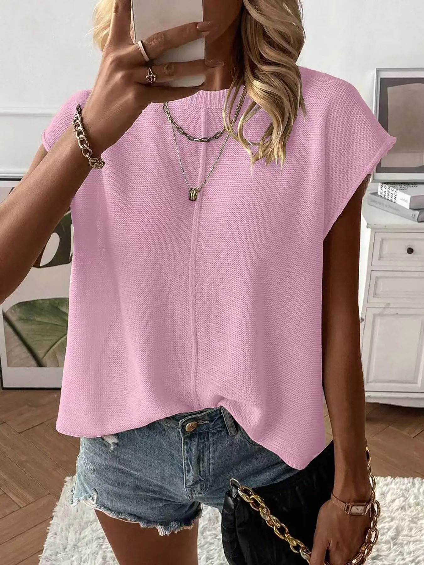 Women's Solid Color Round Neck Sweater Vest - Casual Lightweight Knit Top for Summer Daily Wear