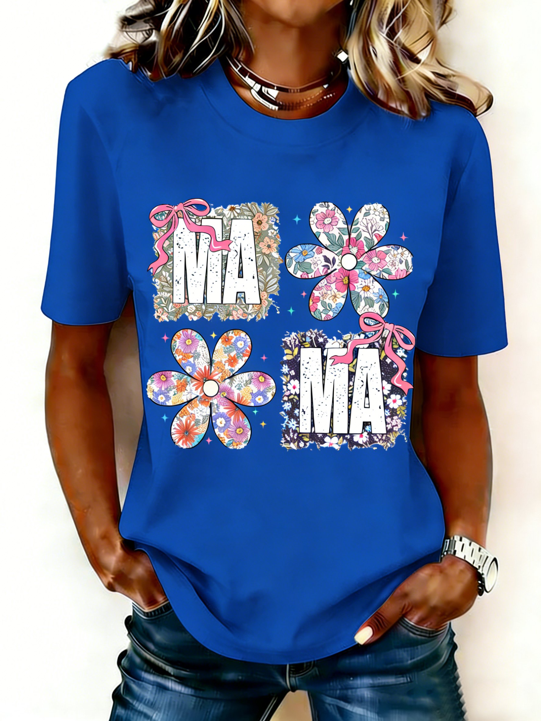 Mother's Day Letter Pattern Floral Short Sleeve Round Neck Loose  Casual T-Shirt