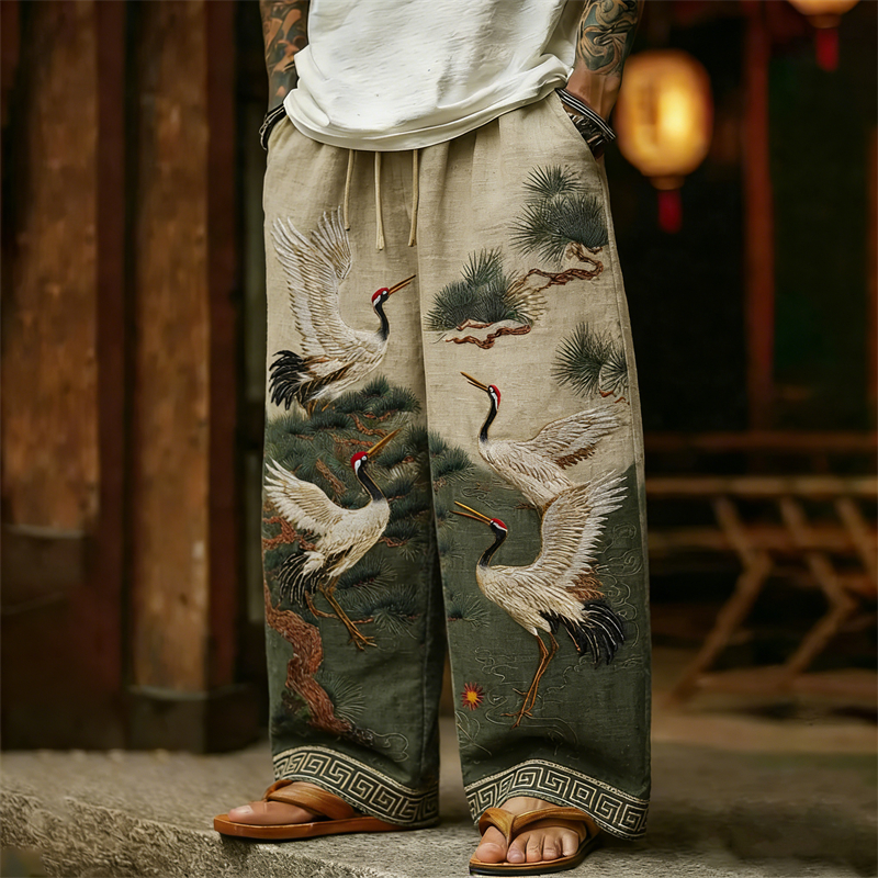 Men's Cranes & Pine Trees Japanese Art Linen Pants