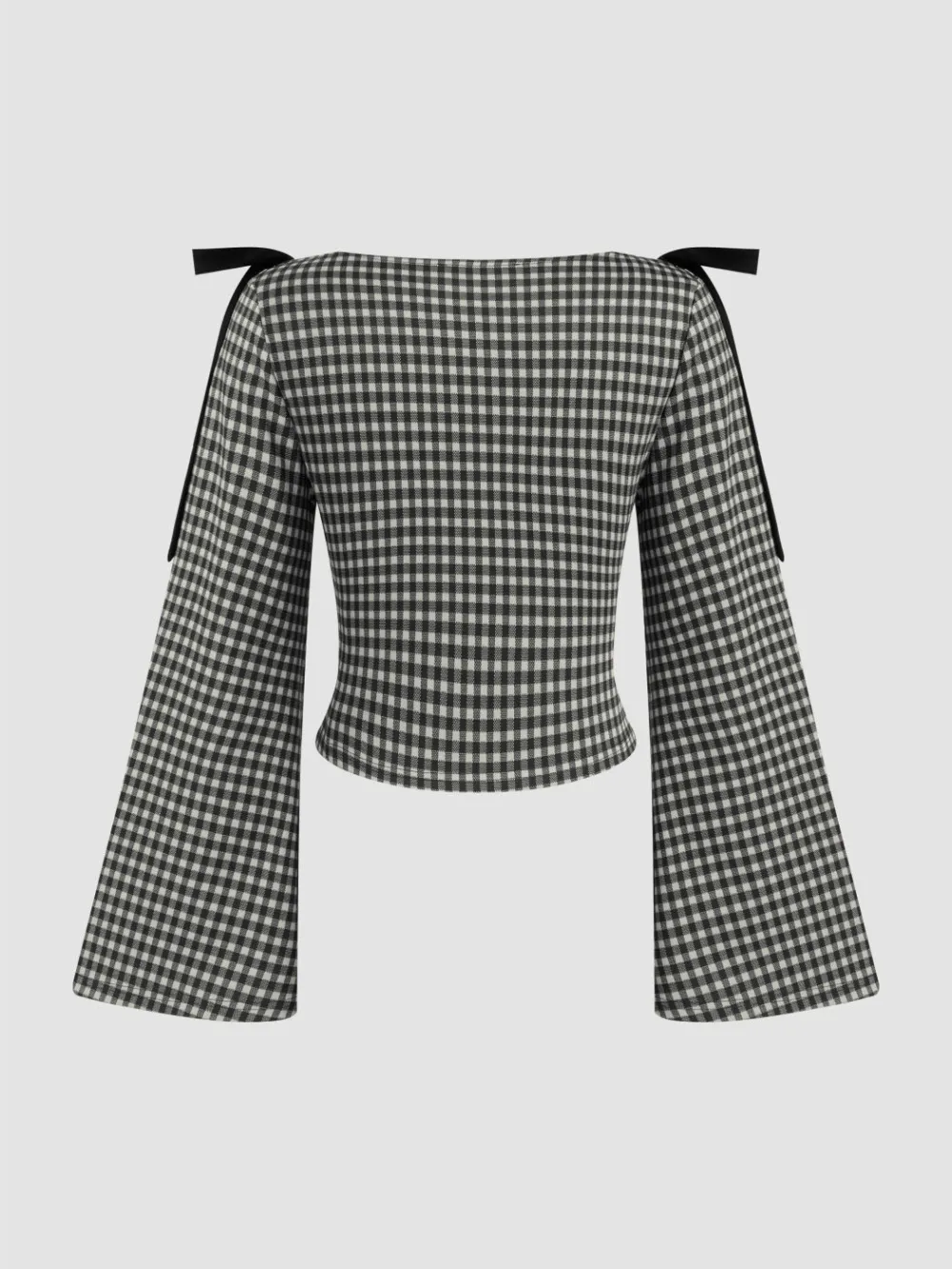 Boat Neck Gingham Bowknot Ruched Long Sleeve Top