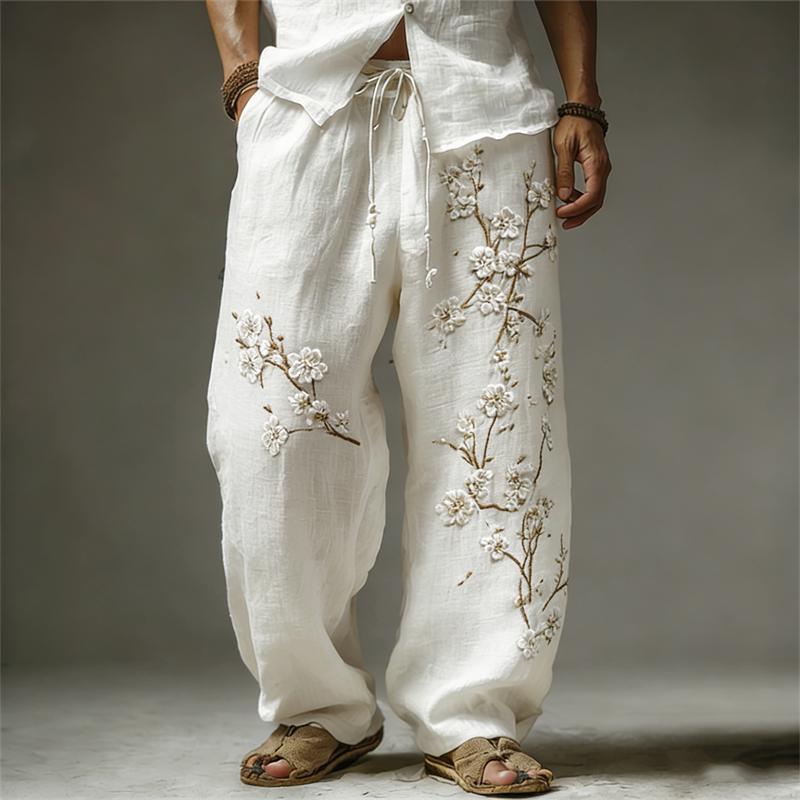Men's Classy White Almond Blossom Embroidered Linen Pants